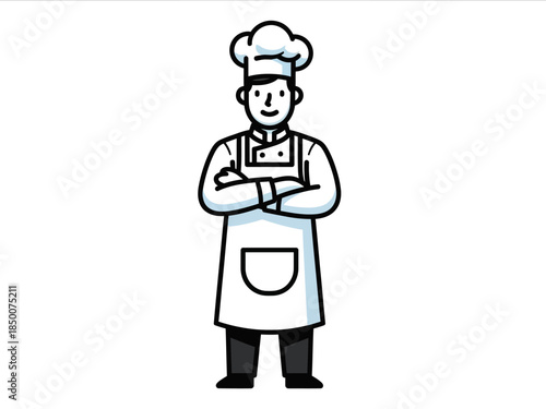 Line art illustration of a chef in a toque jacket and apron with arms crossed