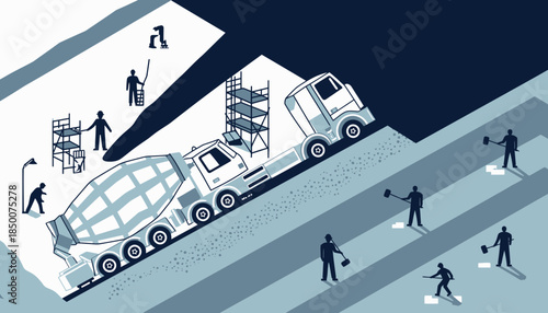 Workers unloading cargo from a large truck on a construction site at night