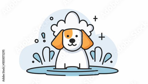 A cartoon dog is being washed in a bath with soap suds surrounding it, illustrating a playful scene of pet grooming.