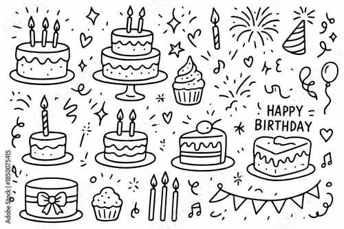 Hand-drawn doodle vector set featuring birthday cakes and candles, drawn in a sketchy, fun, imperfect doodle style, isolated on white background
