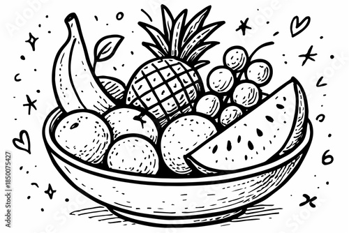 Hand-drawn doodle vector set of fruits plate illustration, drawn in a fun, sketchy doodle style, isolated on white background
