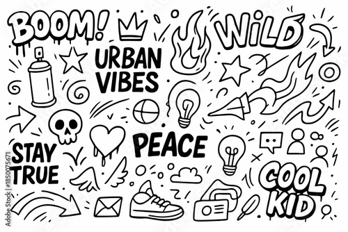 Hand-drawn doodle vector collection of graffiti-inspired urban sticker elements, isolated on white background
