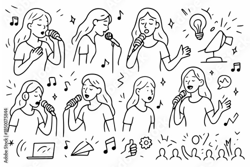 Hand-drawn doodle vector set of a solo singer with microphone, created in a fun doodle style, isolated on white background
