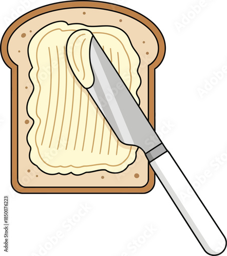Cartoon illustration of knife spreading butter on bread isolated on transparent background