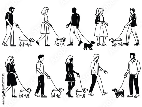 People walking their dogs in a line a minimalist black and white illustration