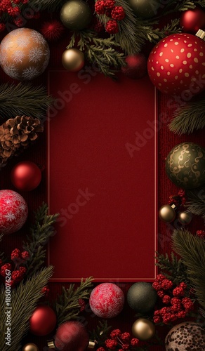 A Christmas background with red and gold ornaments, a red rectangle for text, and pine branches, berries, cones, and glitter balls on a dark burgundy surface.