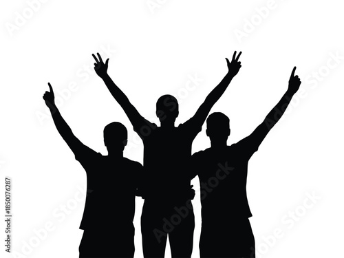 Silhouettes of three people celebrating with arms raised in a victorious pose