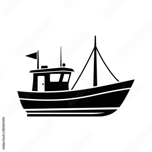 Fishing Boat Silhouette Side View – Traditional Wooden Vessel Vector Icon