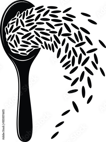 Black and white illustration of spoon pouring rice grains isolated on transparent background