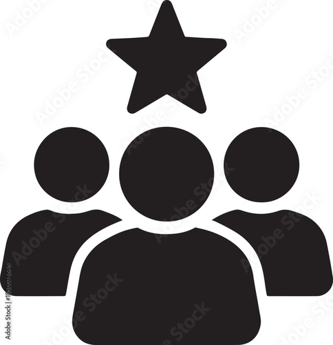 Filled group silhouette with single star above, bold community review icon, vector design.
