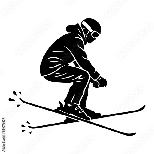 Professional skiing silhouette vector illustration featuring a downhill skier in dynamic action pose. Clean black and white design perfect for winter sports branding, logos, and promotional materials.