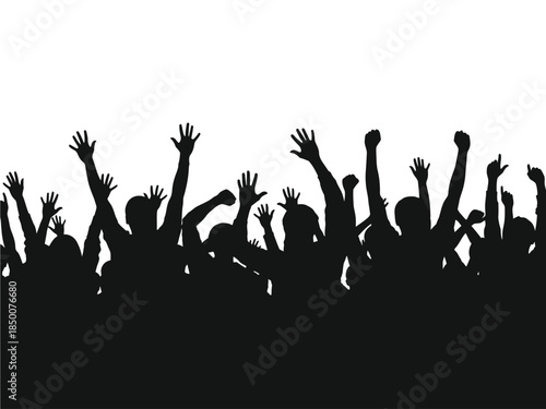 Silhouettes of a large crowd raising hands in celebration or excitement