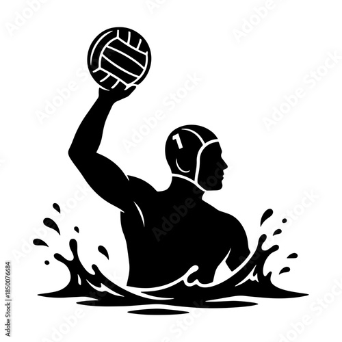 Black silhouette of water polo player emerging from water with ball raised overhead. Clean vector design perfect for sports logos, team graphics, athletic merchandise, and competitive swimming illustr
