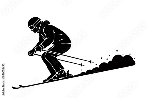 Black silhouette vector illustration of alpine skier in action pose racing downhill with snow spray effect. Perfect for winter sports designs, ski resort marketing, and athletic branding materials.