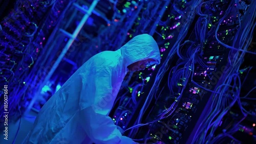 Medium shot of a technician installing liquid cooling pipes in a data center to optimize heat dissipation for highperformance servers.