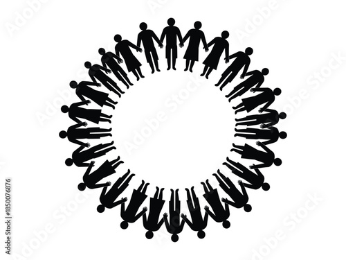 A circle of silhouetted people holding hands representing unity and community