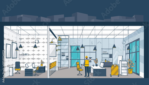 Modern office interior with workers collaborating in a well-lit, open-plan workspace with sleek furniture and ample natural light from large windows.