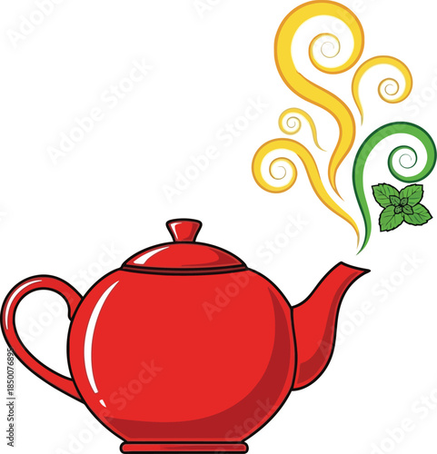 Cartoon red teapot steaming with herbal aroma isolated on transparent background