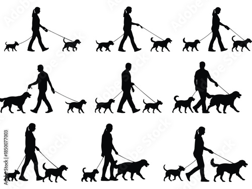 People walking their dogs a repeated silhouette exploration of companionship
