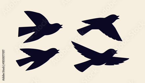 Flying bird silhouettes in minimalist graphic style, dark avian shapes in motion on soft background, elegant nature inspired illustration capturing freedom, sky movement and calm visual rhythm