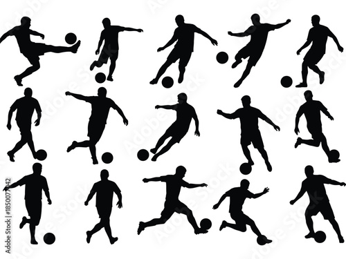 Silhouettes of people playing soccer dynamic poses and athletic movement