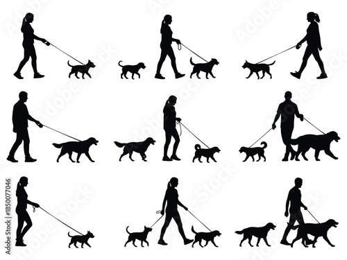 Silhouettes of people walking their dogs in various poses and sizes