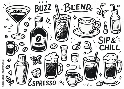 Hand-drawn doodle vector set of coffee and cocktail hybrid illustrations, drawn in a fun doodle style, isolated on white background
