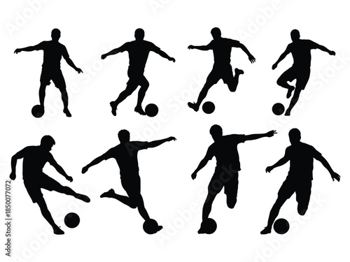 Silhouettes of people playing football in various dynamic poses