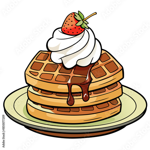 A delicious stack of golden-brown waffles topped with a scoop of vanilla ice cream, drizzled with chocolate sauce, and served with fresh strawberries.
