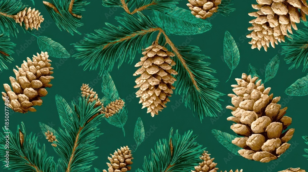 Fototapeta premium Green Christmas seamless pattern for festival background design. Winter sale branding. New Year seasonal celebration greeting card. Pine cone branches with leaves isolated fir on green color