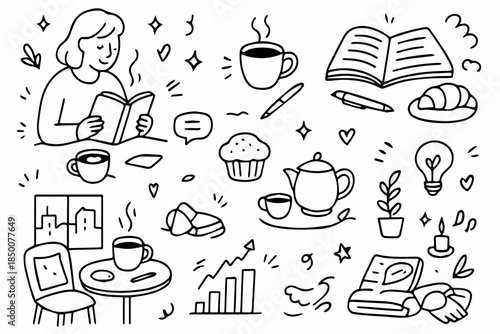 Hand-drawn doodle vector set of cozy café moments, created in a casual doodle style, isolated on white background
