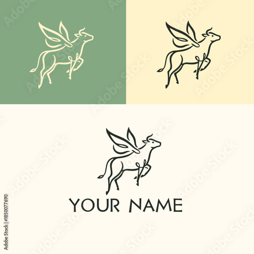 cow with elegant wings, clean minimalist animal logo design