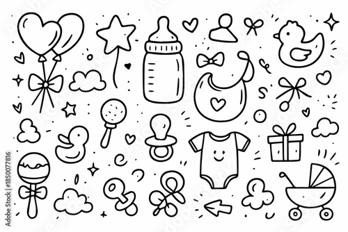 Hand-drawn doodle vector set of cute baby icons rattles balloons and stars, created in a fun doodle style, isolated on white background
