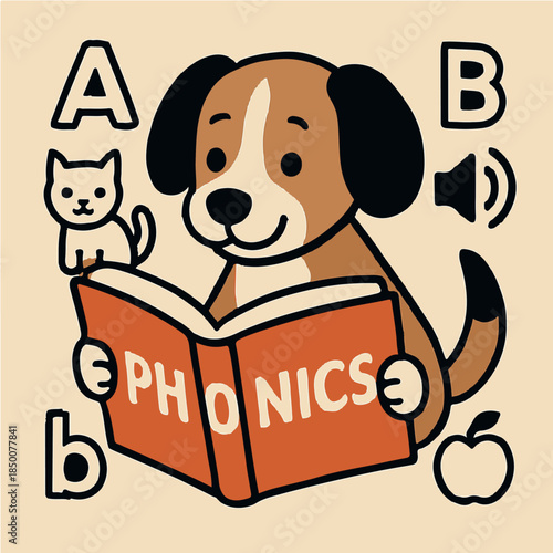 Cute dog reading a big book teaching phonics