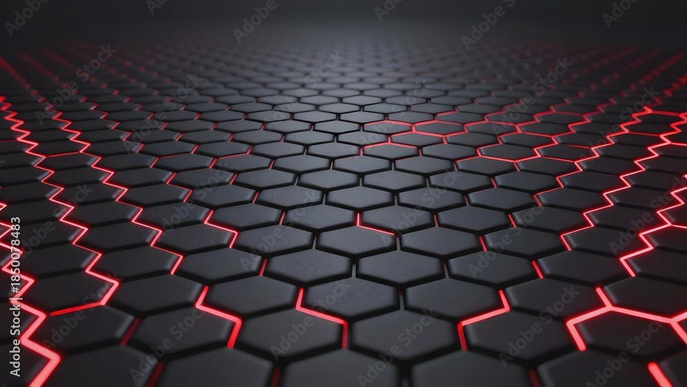Obraz premium Dark hexagonal grid pattern with red glowing lines forming a futuristic surface