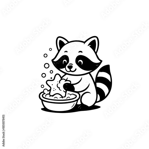Cute raccoon washing a star instead of food black and white clip art