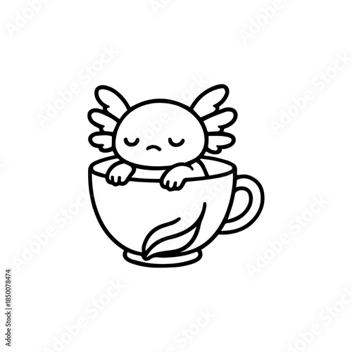 Cute sleepy axolotl floating inside a teacup black and white clip art