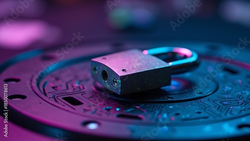 Cybersecurity Padlock on Circuit Board with Neon Lighting Technology Concept