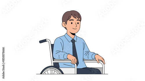 Young man in a wheelchair smiles confidently while wearing a business suit, representing accessibility and inclusion.