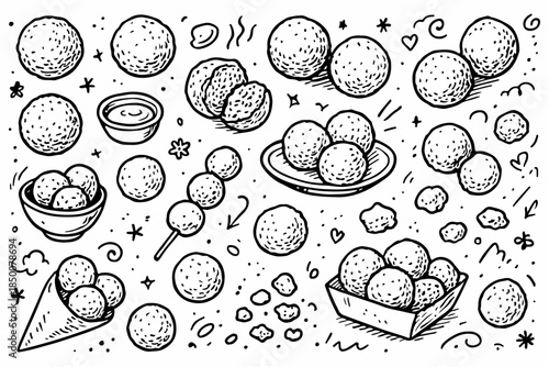 Hand-drawn doodle vector set of falafel icons, created in a playful doodle style, isolated on white background
