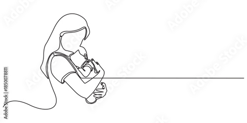 Happy Mother day card Continuous one line drawing  Woman hold her baby, One single line drawing of young happy mom raising and turning her daughter around up in the air at home vector illustration