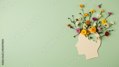 Human Head Silhouette with Blooming Flowers Representing Mental Wellness and Growth