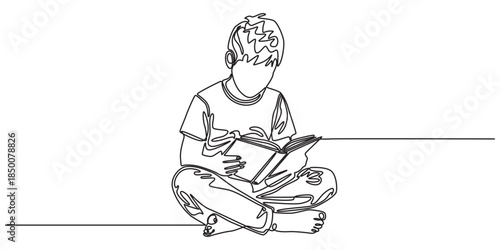 Continuous one line drawing kids sit down and put reading book on feet. Interesting to read the complete geographic map. Eliminate curiosity. Book festival. Single line draw design vector illustration