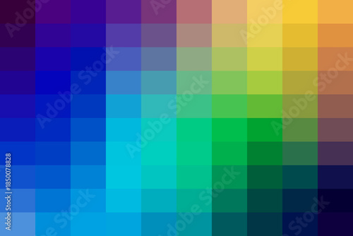 Colorful mosaic of pixelated squares creating a vibrant rainbow gradient abstract background texture for modern digital design graphics