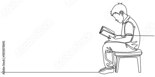 Continuous one line drawing kids sit down and put reading book on feet. Interesting to read the complete geographic map. Eliminate curiosity. Book festival. Single line draw design vector illustration