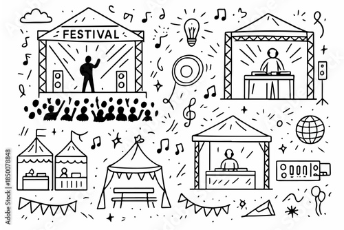 Hand-drawn doodle vector set of festival setups, created in a fun, sketchy doodle style, isolated on white background

