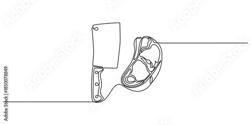 continuous one line drawing of butcher's cleaver and steak vector ,Cleaver icon line continuous drawing vector. One line of butcher knife. Abstract minimal continuous line. Pro, Beef, Chicken ,mutton