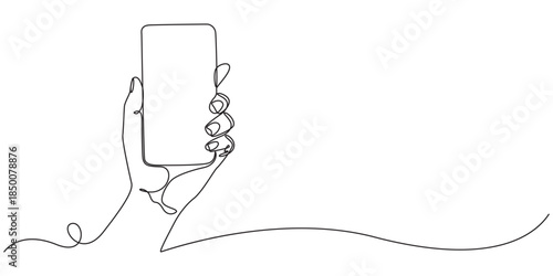 Continuous line drawing of two hands holding a smartphone in a modern minimalistic style.
Simple one line art illustration of a person using a mobile phone representing communication and technology. 