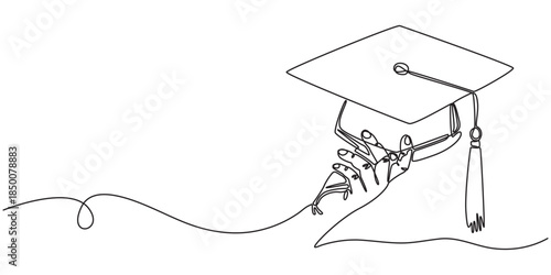 Continuous line drawing of hand holding graduation cap. Finish education. Vector linear illustration, Education concept. Single line draw design vector graphic illustration