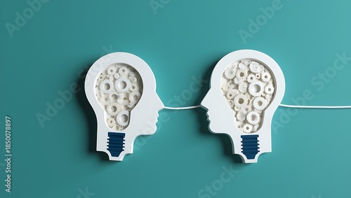 Conceptual Illustration of Connected Human Heads Shaped Like Light Bulbs with Gears